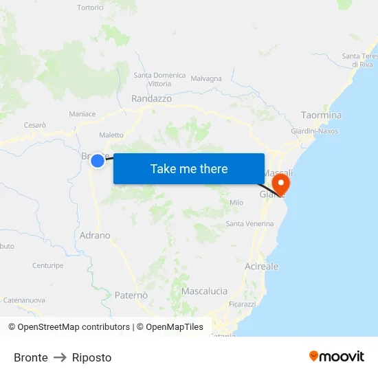 Bronte to Riposto map