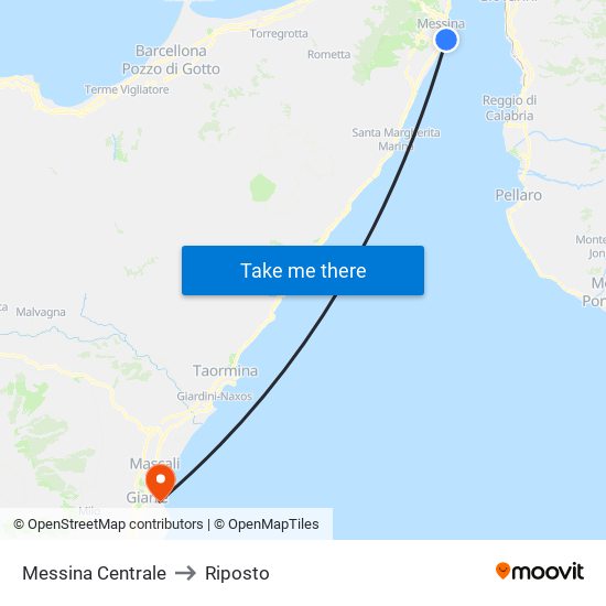 Messina Centrale to Riposto map