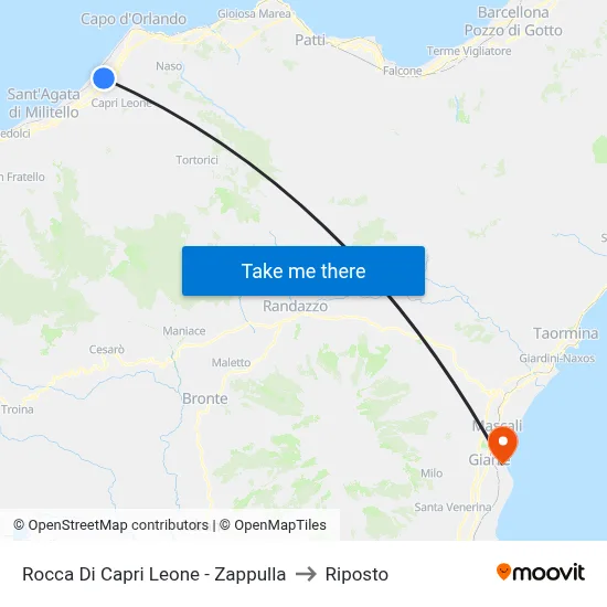 Rocca Di Capri Leone - Zappulla to Riposto map