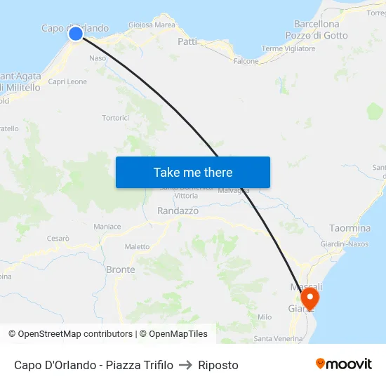 Capo D'Orlando - Trifilo Square to Riposto map
