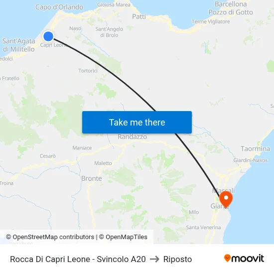 Rocca Di Capri Leone - A20 Junction to Riposto map