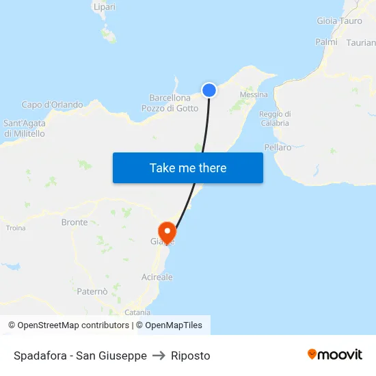 Spadafora - San Giuseppe to Riposto map