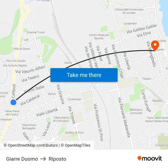 Giarre Cathedral to Riposto map