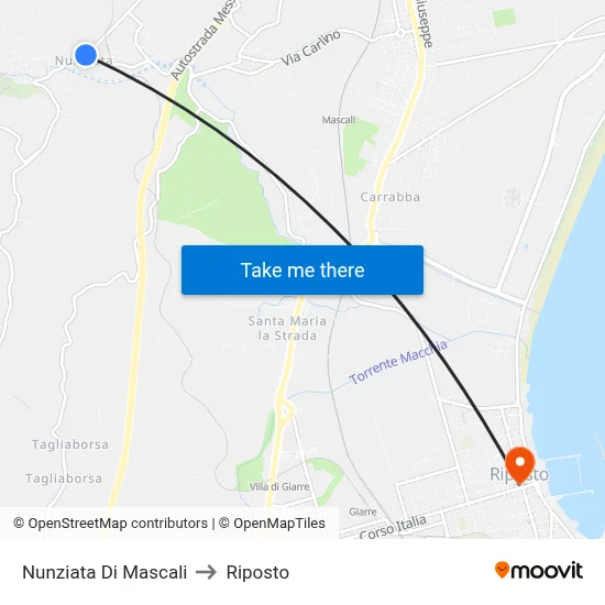 Nunziata Di Mascali to Riposto map