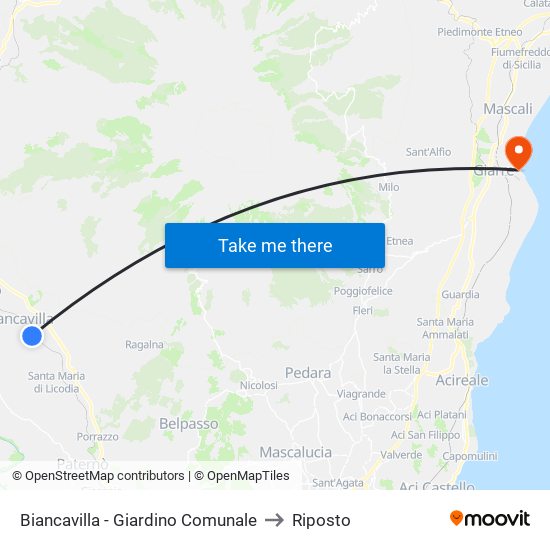 Biancavilla - Giardino Comunale to Riposto map