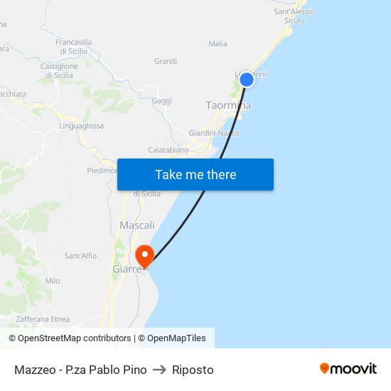 Mazzeo - P.za Pablo Pino to Riposto map
