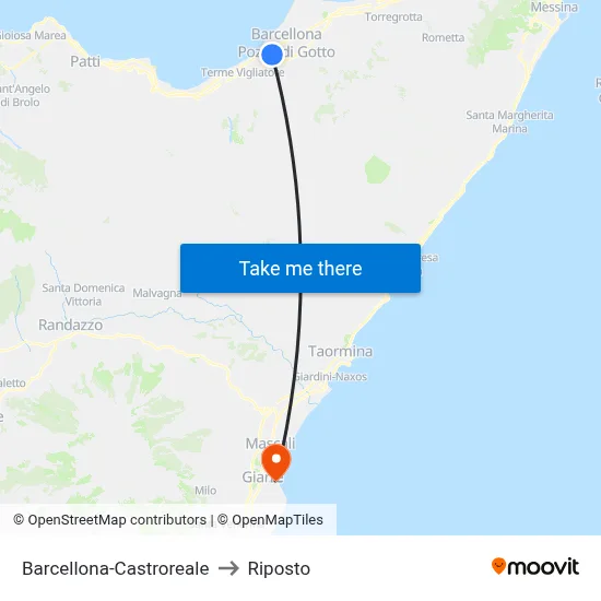 Barcellona-Castroreale to Riposto map