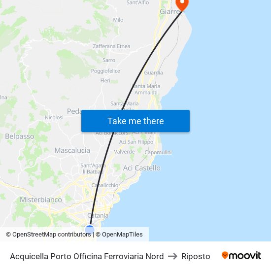 Acquicella Porto Officina Ferroviaria Nord to Riposto map