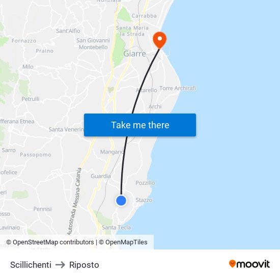 Scillichenti to Riposto map