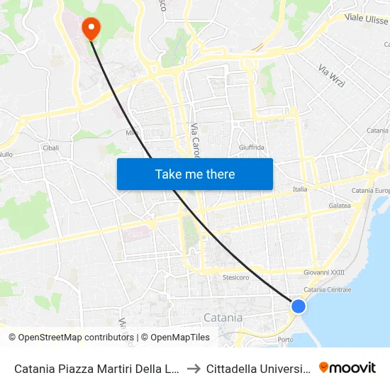 Catania Piazza Martiri Della Libertà to Cittadella Universitaria map