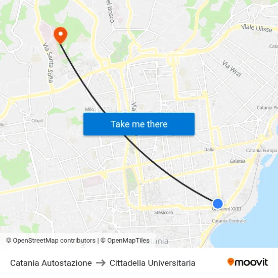 Catania Bus Station to University Campus map
