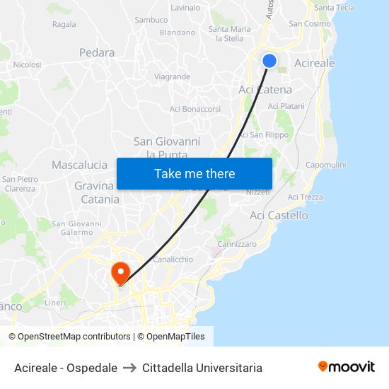 Acireale - Ospedale to Cittadella Universitaria map