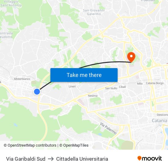 Via Garibaldi Sud to Cittadella Universitaria map