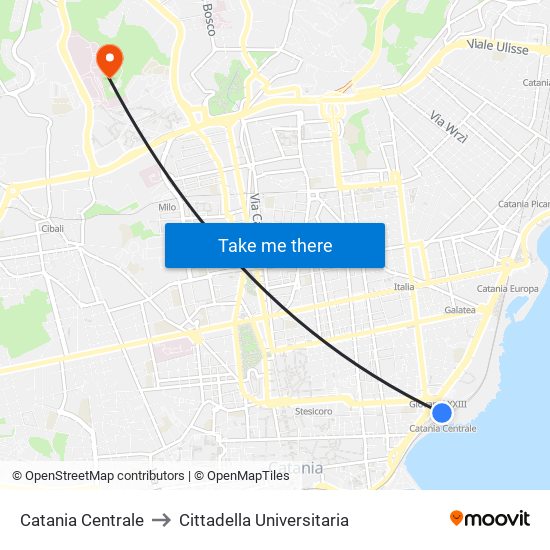 Catania Centrale to Cittadella Universitaria map