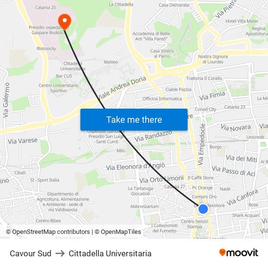 Cavour Sud to Cittadella Universitaria map