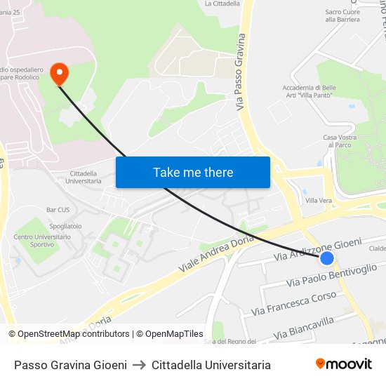 Passo Gravina Gioeni to Cittadella Universitaria map
