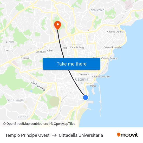 Tempio Principe Ovest to Cittadella Universitaria map