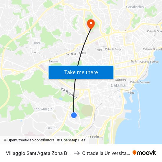 Villaggio Sant'Agata Zona B (2) to Cittadella Universitaria map