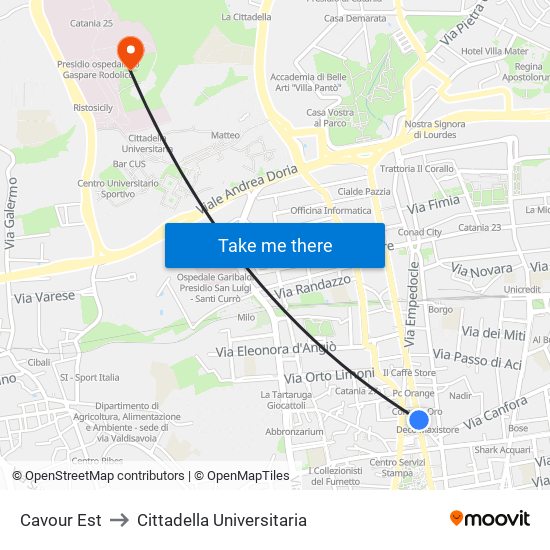 Cavour Est to Cittadella Universitaria map