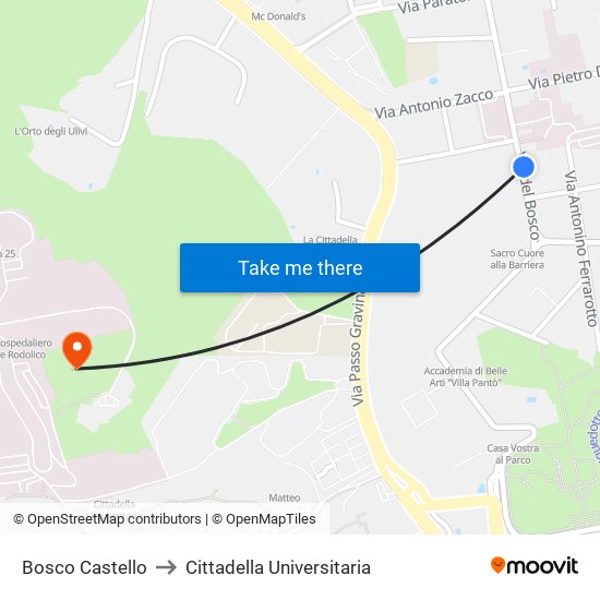 Bosco Castello to Cittadella Universitaria map