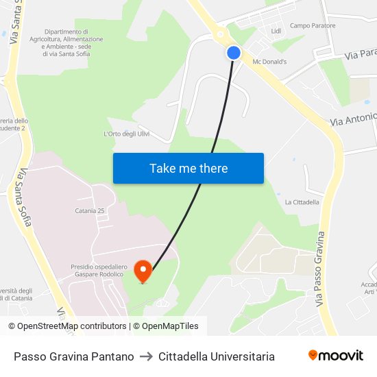 Passo Gravina Pantano to Cittadella Universitaria map