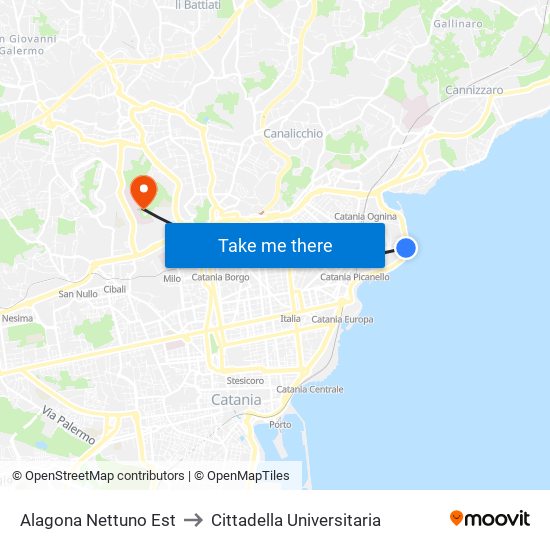 Alagona Nettuno Est to Cittadella Universitaria map