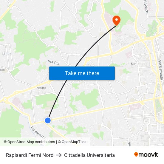 Rapisardi Fermi Nord to Cittadella Universitaria map