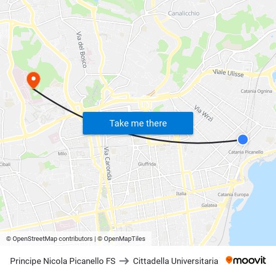 Principe Nicola Picanello FS to Cittadella Universitaria map