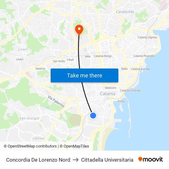 Concordia De Lorenzo Nord to Cittadella Universitaria map