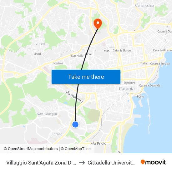 Villaggio Sant'Agata Zona D Est to Cittadella Universitaria map