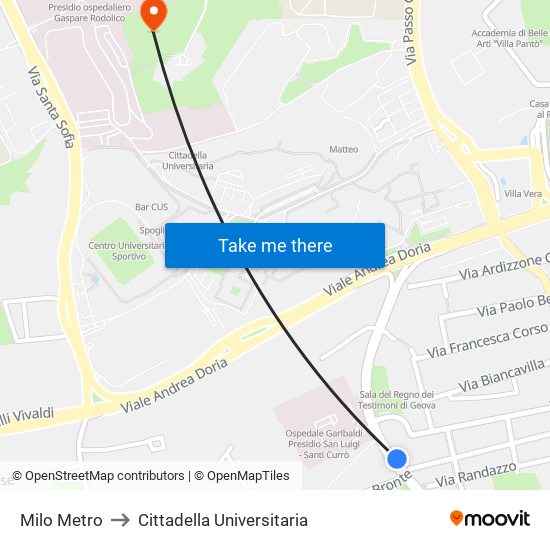 Milo Metro to Cittadella Universitaria map