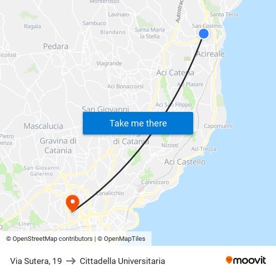 Via Sutera, 19 to Cittadella Universitaria map