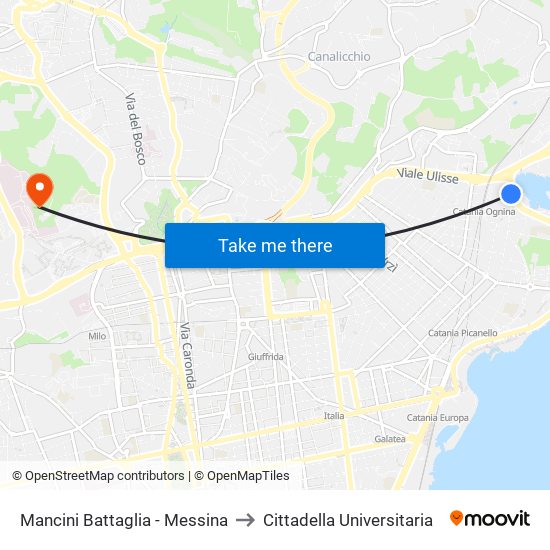 Mancini Battaglia - Messina to Cittadella Universitaria map