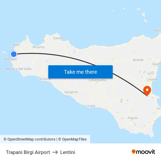 Trapani Birgi Airport to Lentini map