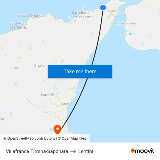 Villafranca Tirrena-Saponara to Lentini map