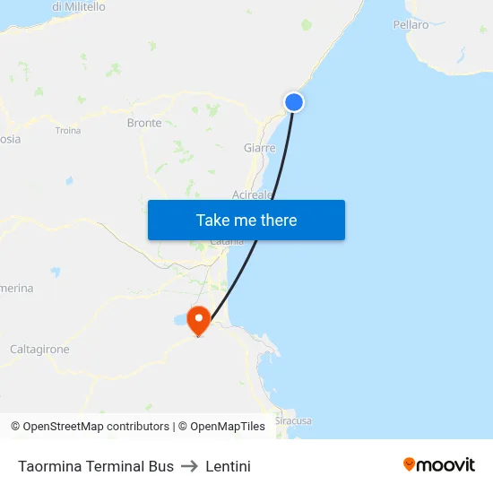 Taormina Bus Terminal to Lentini map