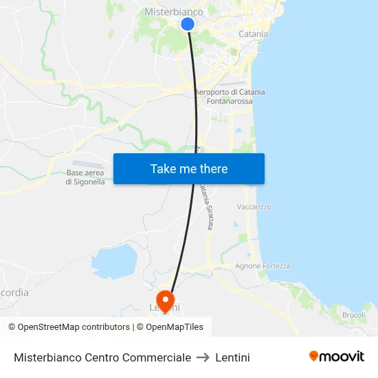 Misterbianco Shopping Center to Lentini map