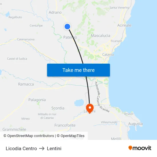 Licodia Center to Lentini map