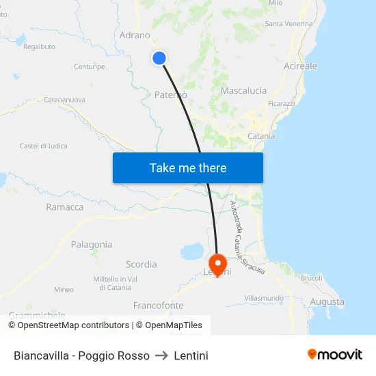 Biancavilla - Red Hill to Lentini map