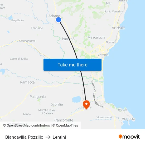 Biancavilla Pozzillo to Lentini map