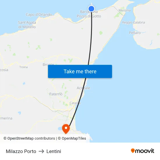 Milazzo Port to Lentini map
