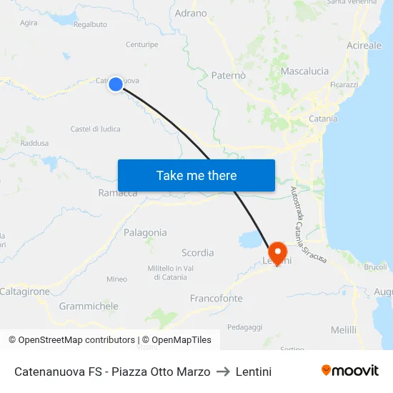 Catenanuova Station - Eight March Square to Lentini map
