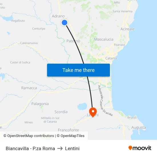 Biancavilla - Roma Square to Lentini map