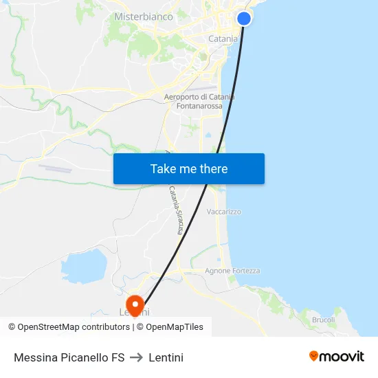 Messina Picanello Station to Lentini map