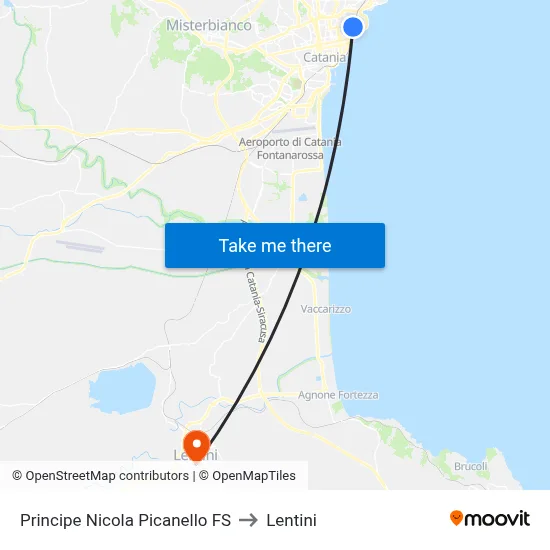 Prince Nicola Picanello Station to Lentini map