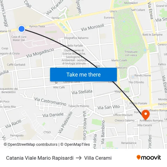 Catania Viale Mario Rapisardi to Cerami Villa map