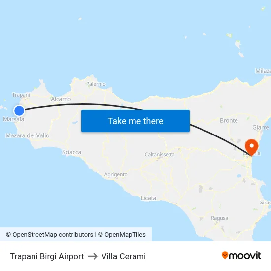 Trapani Birgi Airport to Cerami Villa map