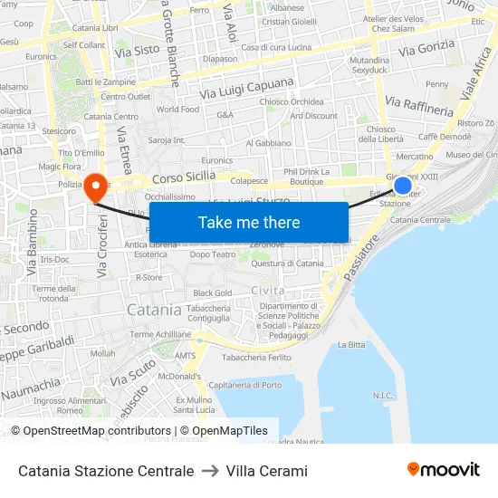 Catania Central Station to Cerami Villa map