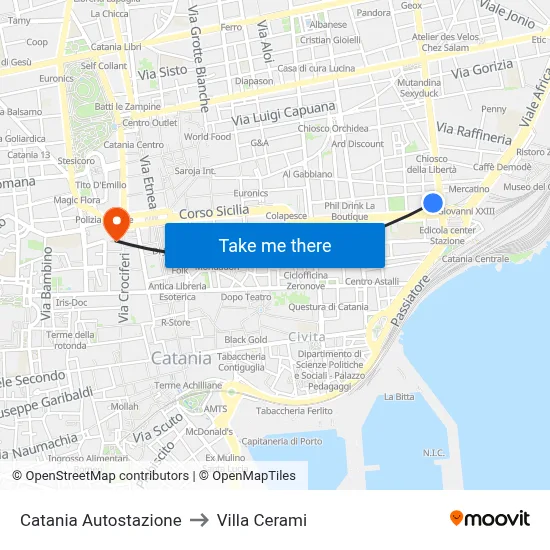 Catania Bus Station to Cerami Villa map