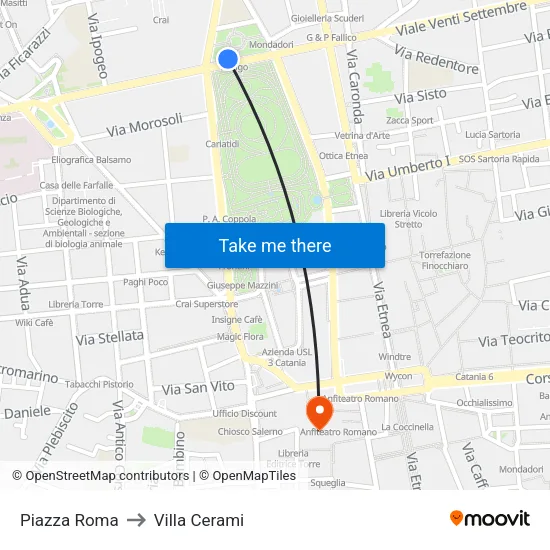 Piazza Roma to Cerami Villa map